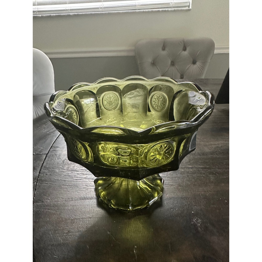 Vintage Fostoria Coin Glass Olive Green 8.5" Footed Compote Bowl #1372/199 MCM